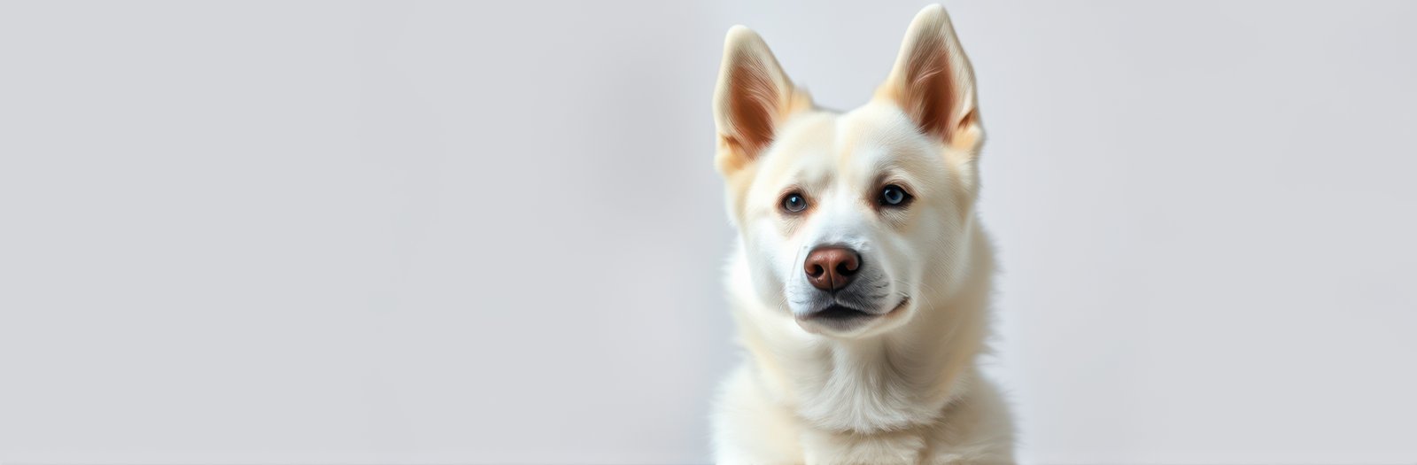 Friendly white dog with expressive eyes and perked ears in a neutral background during a calm indoors setting